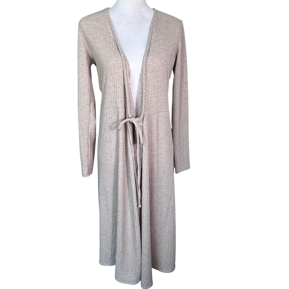 OLD NAVY Women's Medium Oatmeal Heather Ribbed Long Sleeve‎ Tie Duster Cardigan